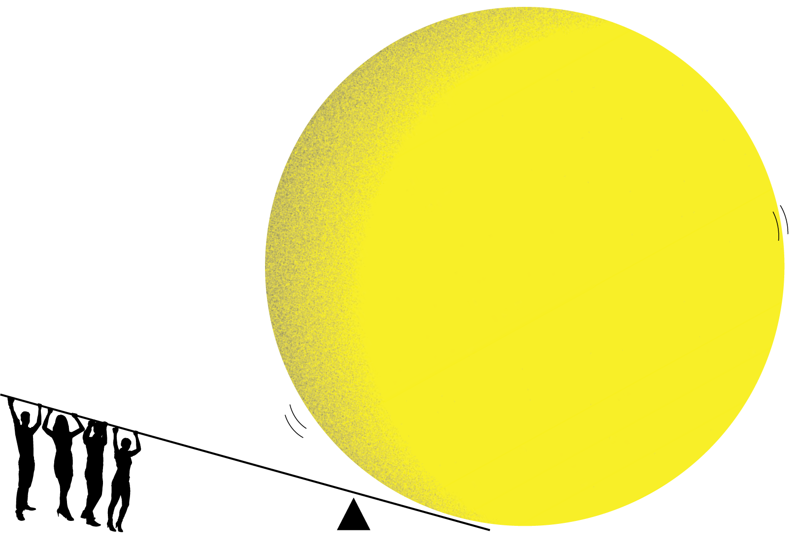 An illustration of a team working together with a fulcrum and easily moving a yellow sphere